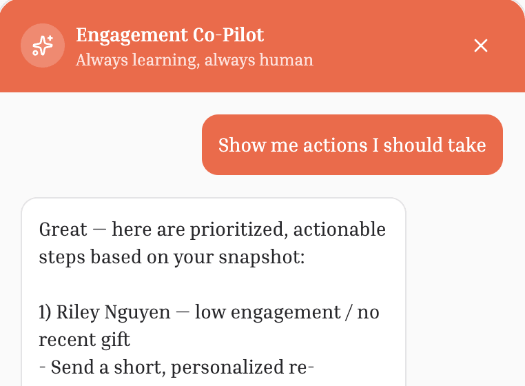 Engagement co-pilot AI assistant interface in Ceed CRM